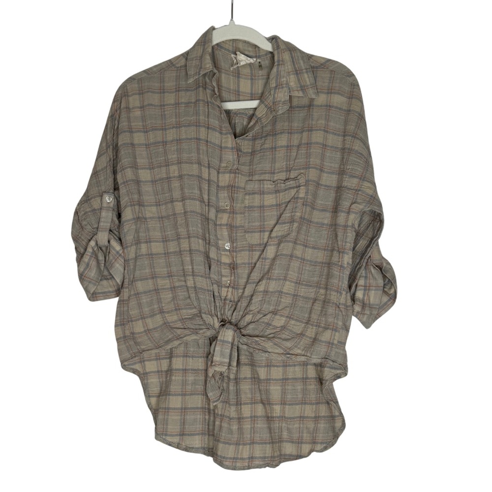 Style Rack Neutral Plaid Tie Front Button-Down Shirt | Size Medium